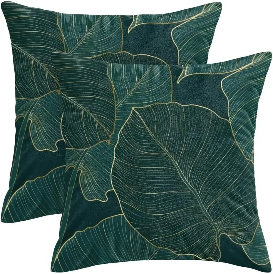 AEIOAE Tropical Leaves Pillow Covers 18 X 18 Inch Set of 2, Emerald Green Minimalist Geometric Palm Leaf Throw Pillow Covers Plant Outdoor Decorative Pillows for Couch Home Sofa Summer Decor