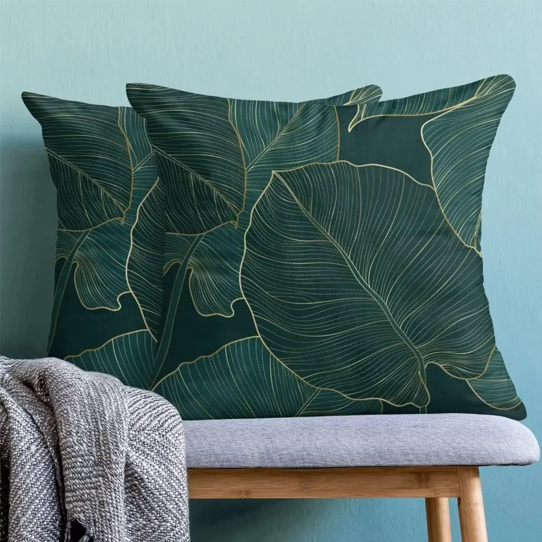 AEIOAE Tropical Leaves Pillow Covers 18 X 18 Inch Set of 2, Emerald Green Minimalist Geometric Palm Leaf Throw Pillow Covers Plant Outdoor Decorative Pillows for Couch Home Sofa Summer Decor