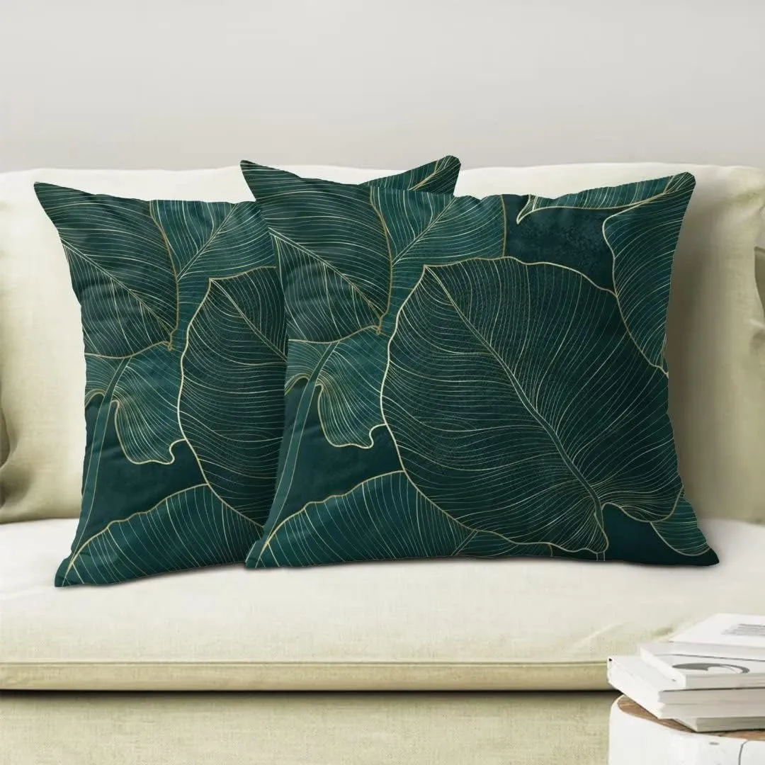 AEIOAE Tropical Leaves Pillow Covers 18 X 18 Inch Set of 2, Emerald Green Minimalist Geometric Palm Leaf Throw Pillow Covers Plant Outdoor Decorative Pillows for Couch Home Sofa Summer Decor