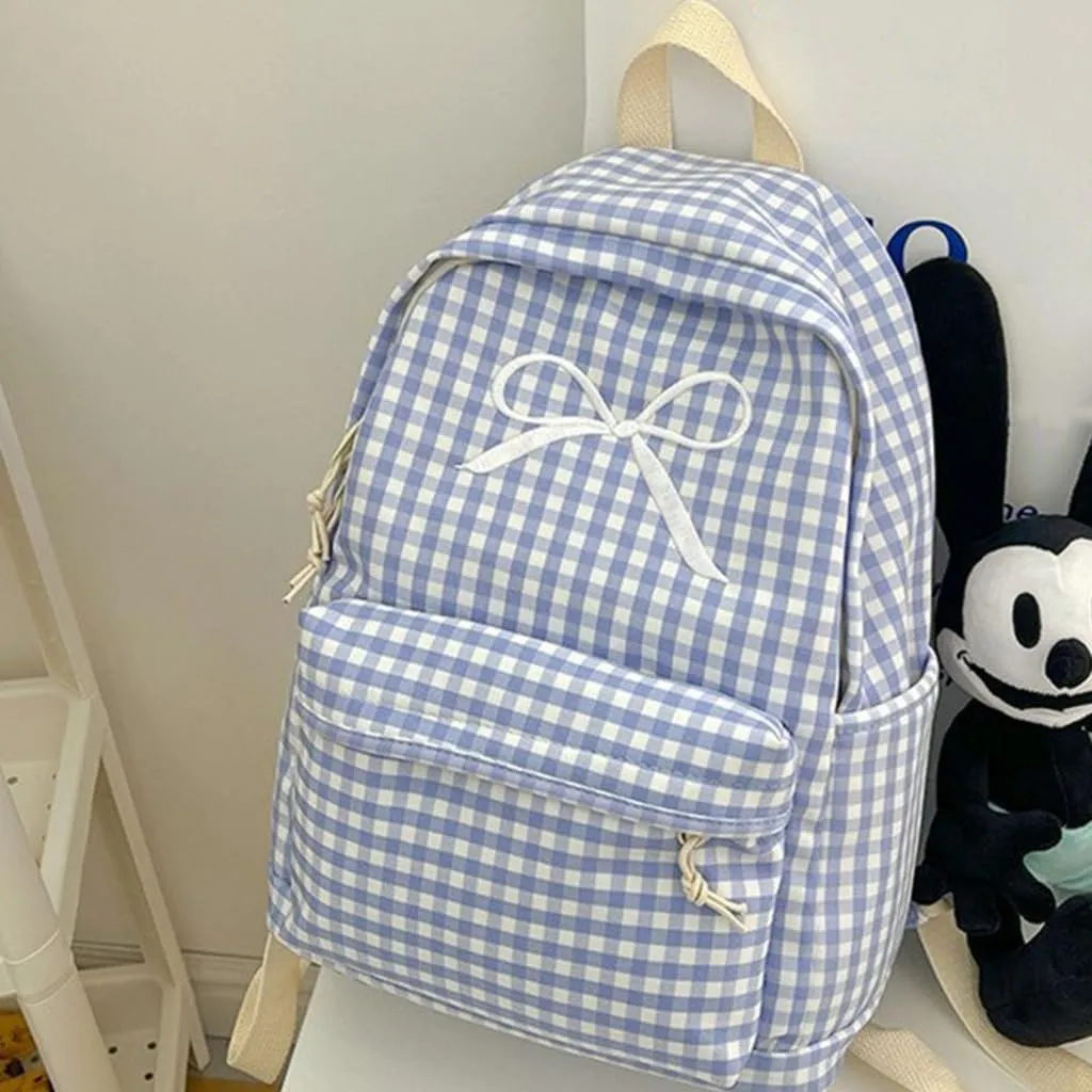 Aesthetic Checkered Pattern School Bag Bowknot Large Capacity Backpack Student Book Bag for Women Teen Girls