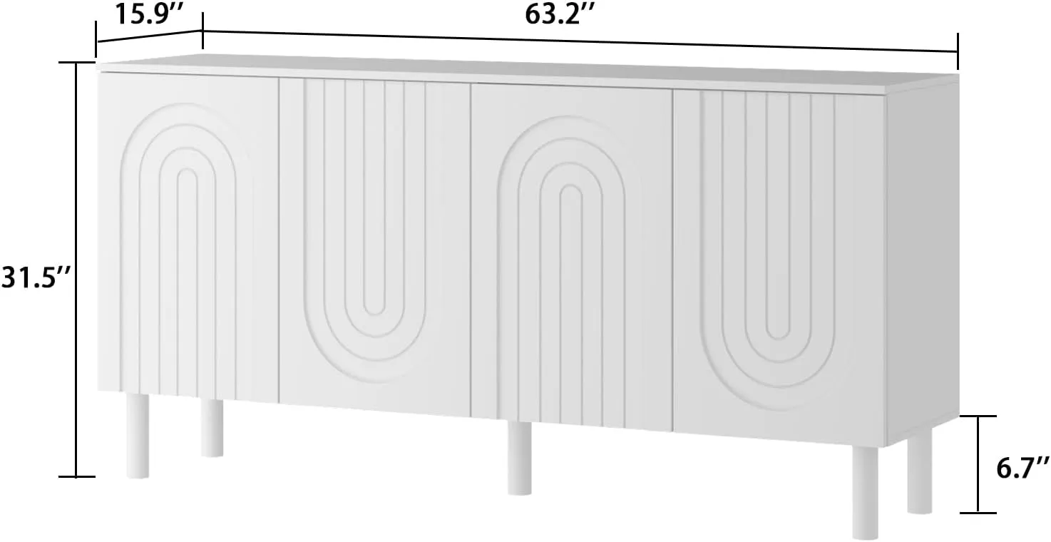 AIEGLE 63.2" W Buffet Cabinet Sideboard with 2 Adjustable Shelves, Wood Storage Cabinet with 4 Doors, Modern Credenza Cupboard, Modern White