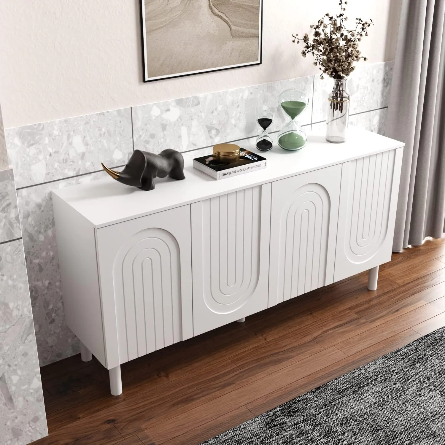 AIEGLE 63.2" W Buffet Cabinet Sideboard with 2 Adjustable Shelves, Wood Storage Cabinet with 4 Doors, Modern Credenza Cupboard, Modern White