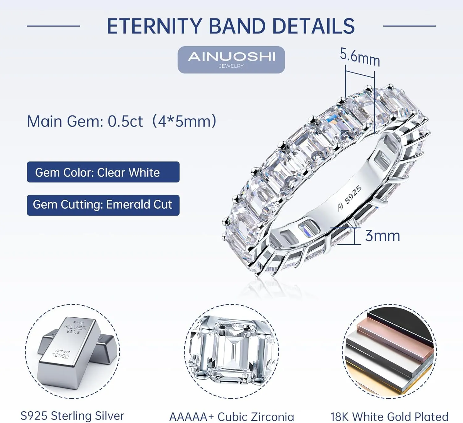 AINUOSHI Eternity Ring, 925 Sterling Silver Ring for Women, Emerald/Oval/Radiant/Round/Cushion Cut Cubic Zirconia CZ Fine Ring, Eternity Engagement Wedding Band Ring, Jewelry Box Packed