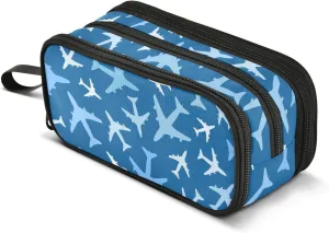 Airplanes Blue Pencil Case Box Boys Girls Large Pencil Pouch with Zipper Compartments Big Capacity Stationery Pen Bag Organizer for Kids Teens Adults School