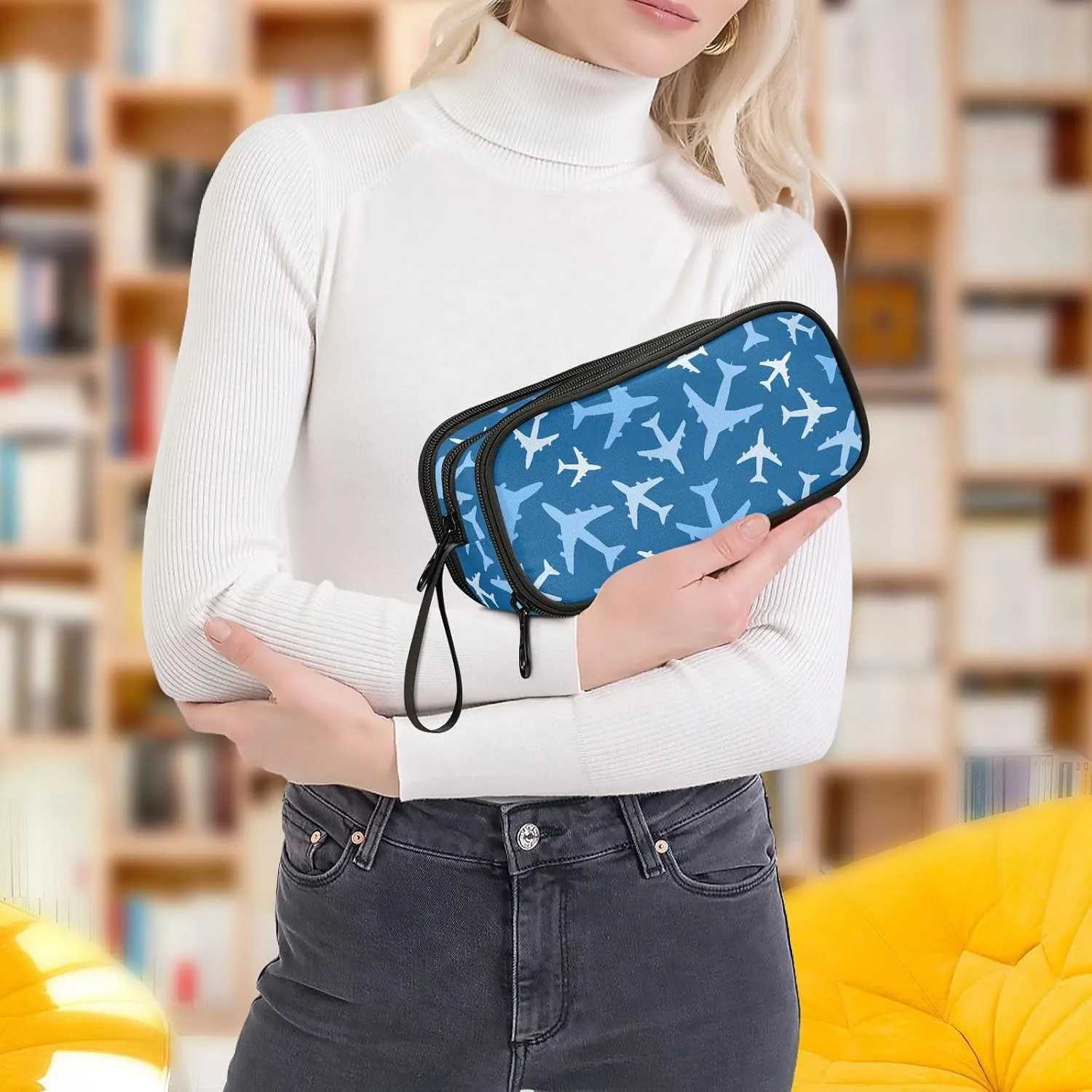 Airplanes Blue Pencil Case Box Boys Girls Large Pencil Pouch with Zipper Compartments Big Capacity Stationery Pen Bag Organizer for Kids Teens Adults School