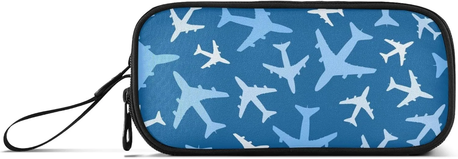 Airplanes Blue Pencil Case Box Boys Girls Large Pencil Pouch with Zipper Compartments Big Capacity Stationery Pen Bag Organizer for Kids Teens Adults School