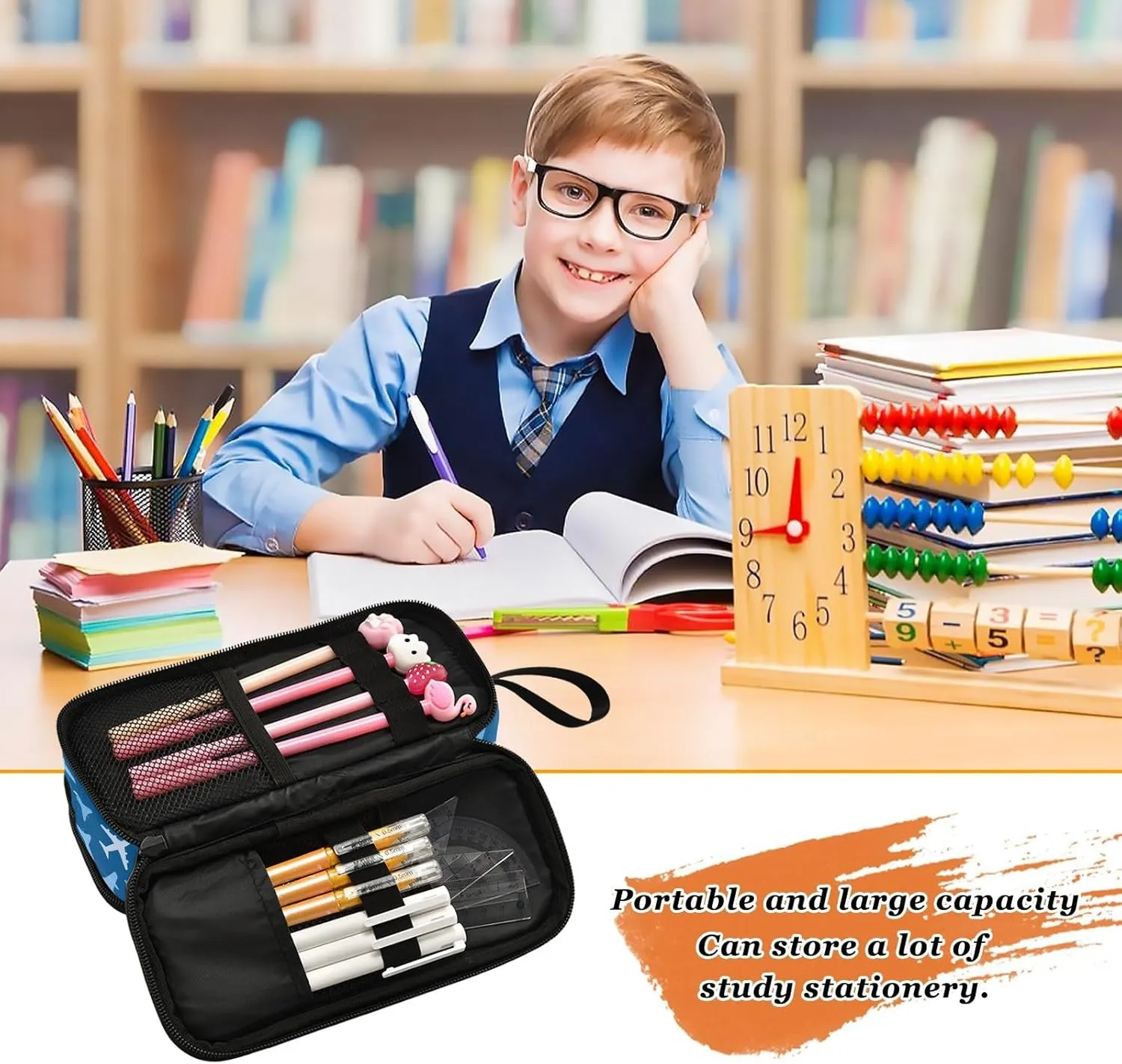 Airplanes Blue Pencil Case Box Boys Girls Large Pencil Pouch with Zipper Compartments Big Capacity Stationery Pen Bag Organizer for Kids Teens Adults School