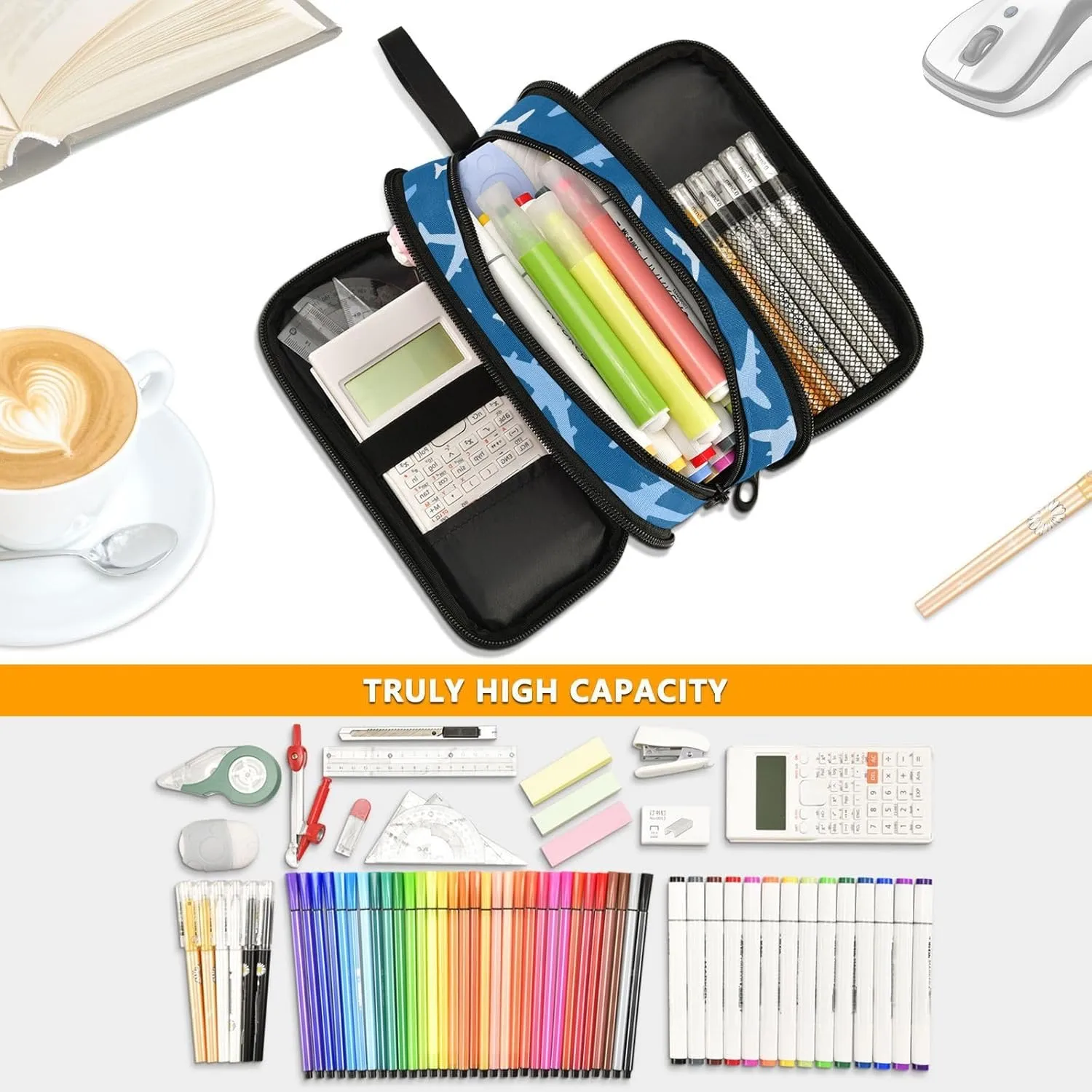 Airplanes Blue Pencil Case Box Boys Girls Large Pencil Pouch with Zipper Compartments Big Capacity Stationery Pen Bag Organizer for Kids Teens Adults School