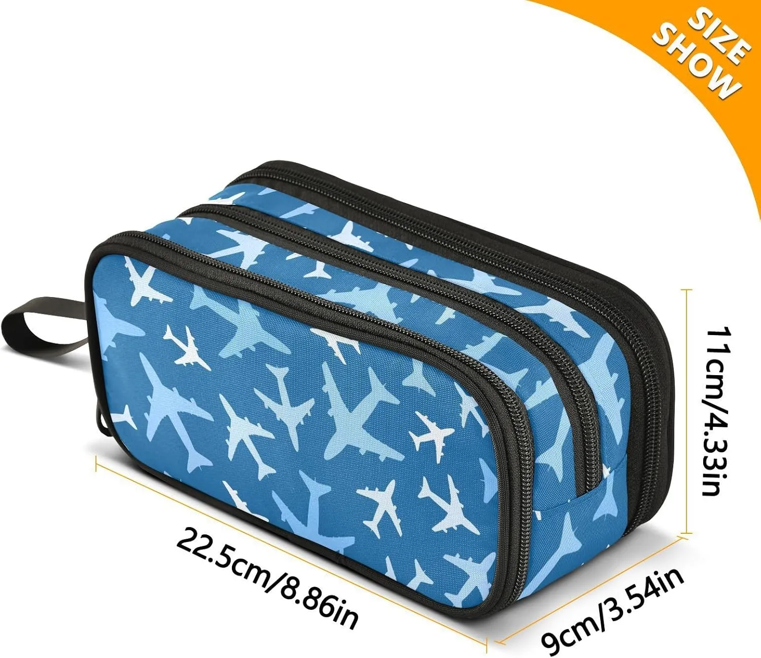 Airplanes Blue Pencil Case Box Boys Girls Large Pencil Pouch with Zipper Compartments Big Capacity Stationery Pen Bag Organizer for Kids Teens Adults School
