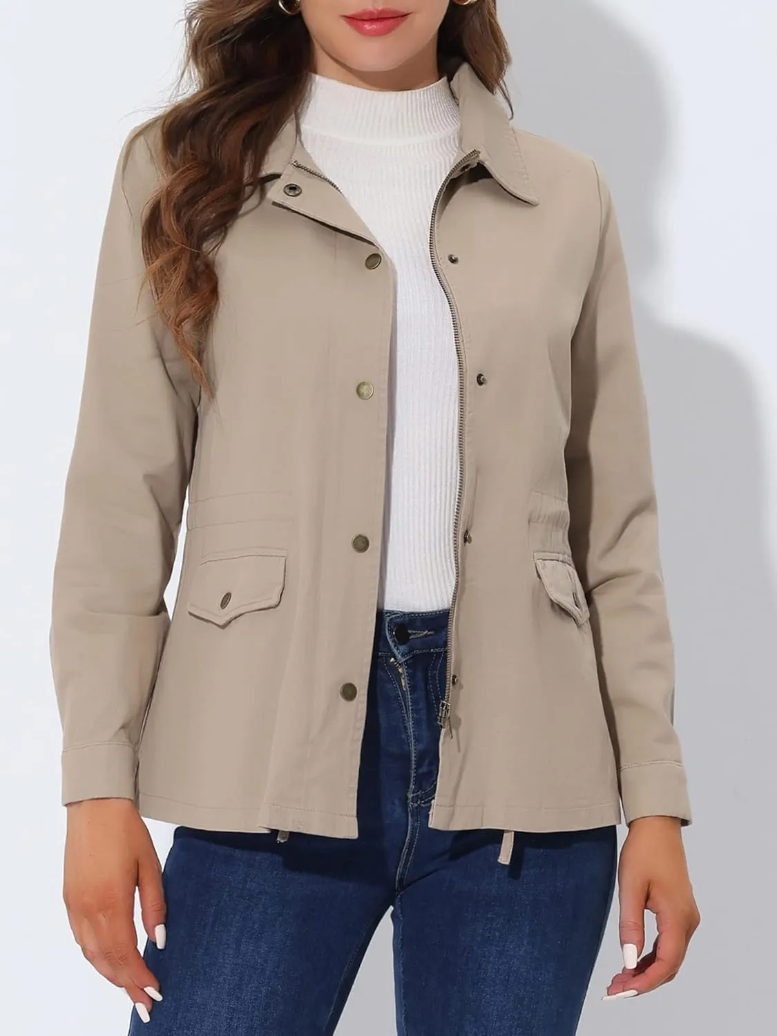 Allegra K Women's Utility Jackets Drawstring Waist 2025 Spring Flap Pockets Lightweight Jacket