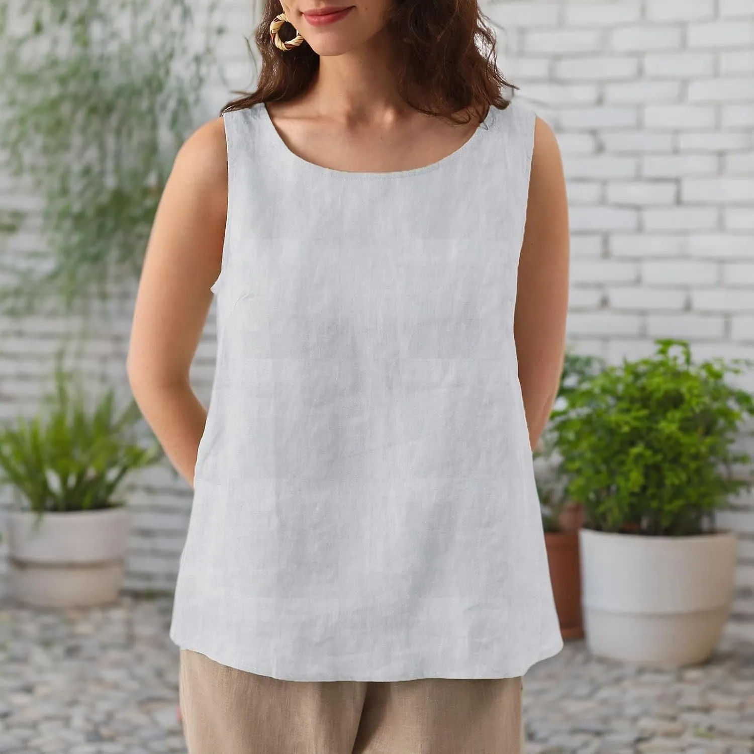 Amazhiyu Natural Linen Sleeveless Tank Tops Basic Summer Casual Crewneck Blouse