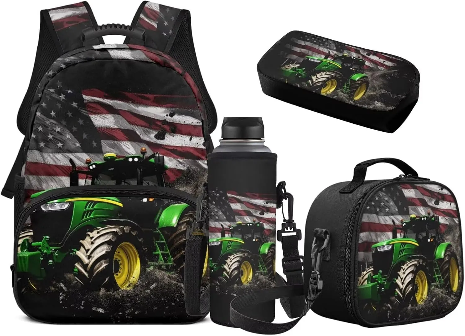 American Flag Tractor Backpack for Boys Girls School Bag with Lunch Bag Pencil Case Water Bottle Holder Elementary Cute Bookbag for Kids 4 Piece Back to School Supplies