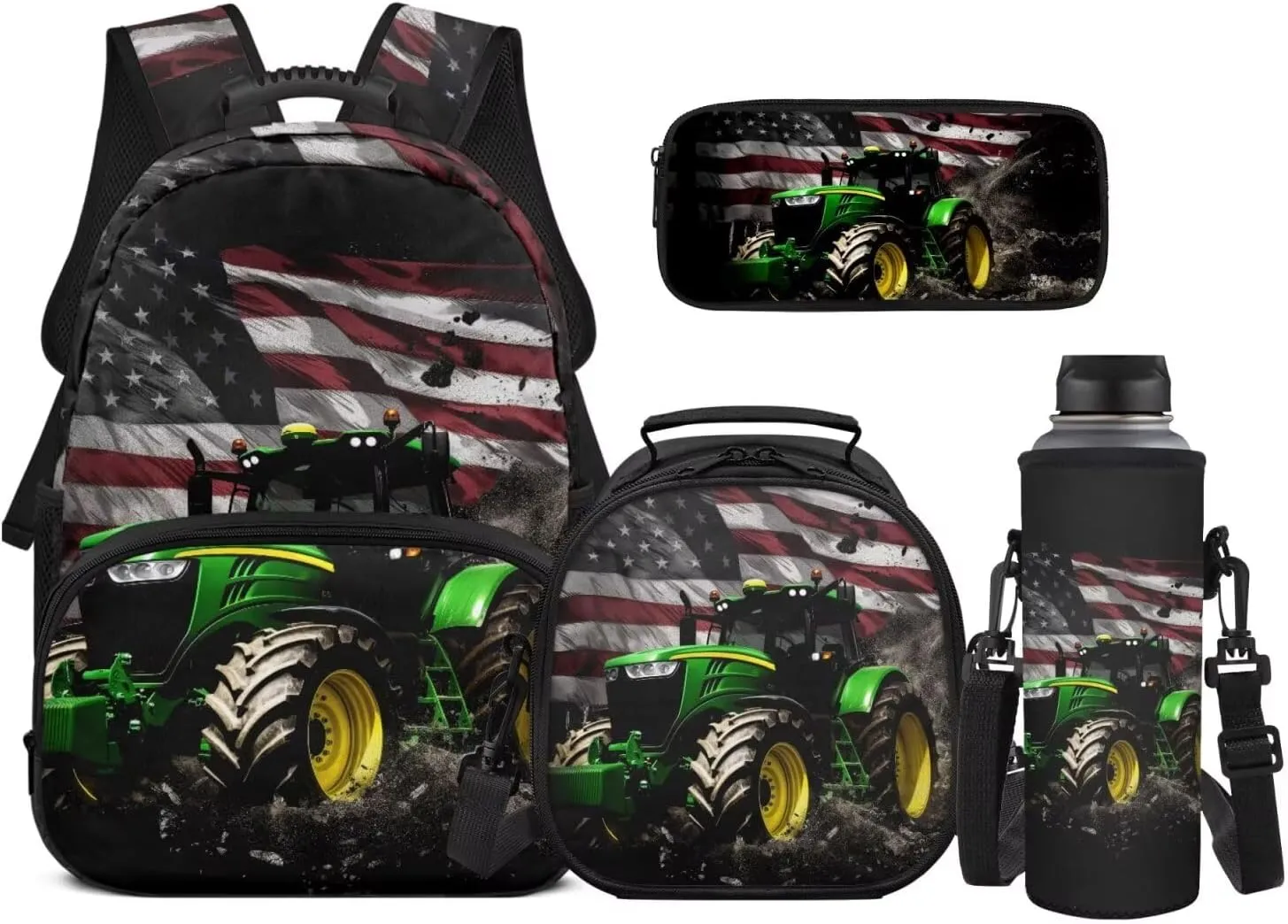 American Flag Tractor Backpack for Boys Girls School Bag with Lunch Bag Pencil Case Water Bottle Holder Elementary Cute Bookbag for Kids 4 Piece Back to School Supplies