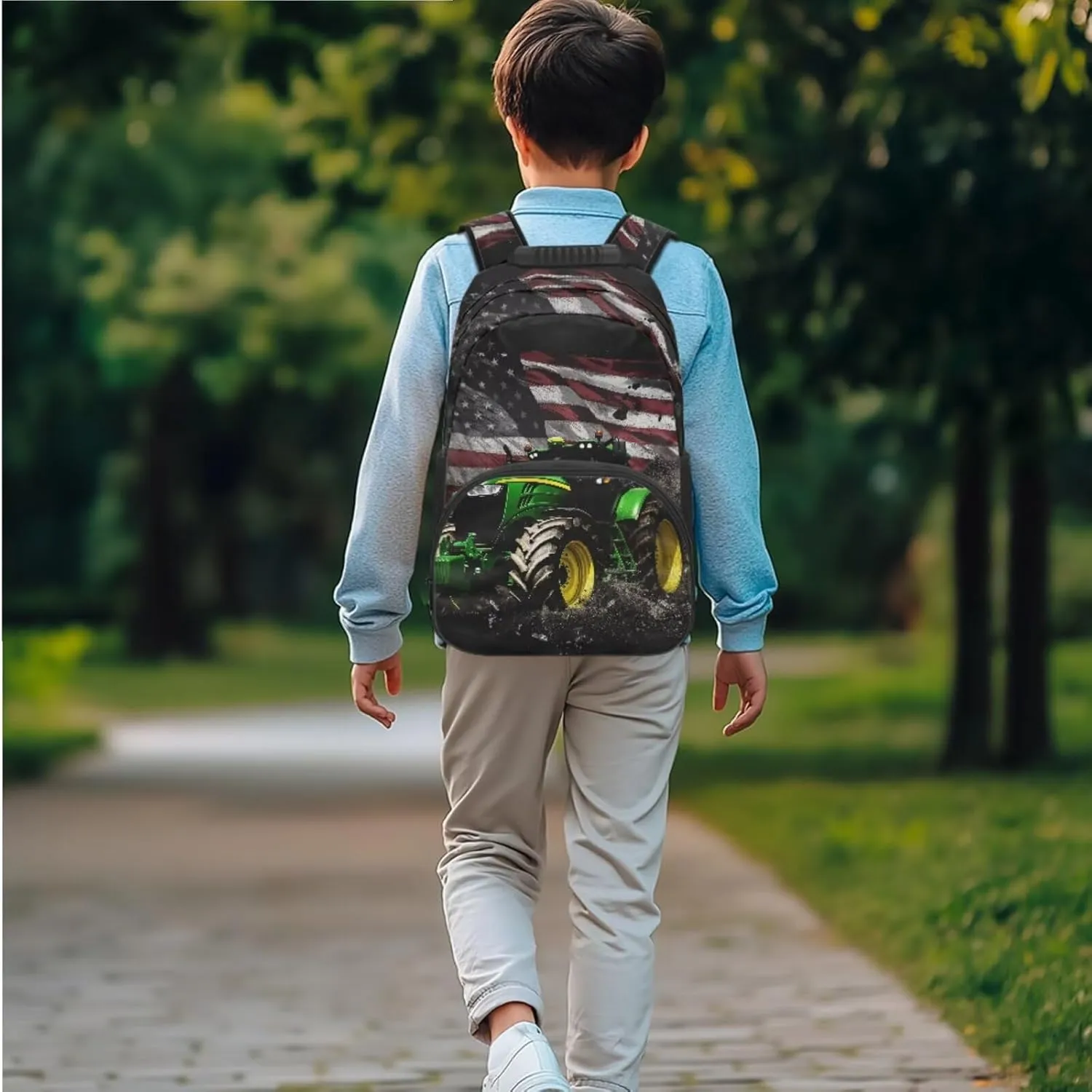 American Flag Tractor Backpack for Boys Girls School Bag with Lunch Bag Pencil Case Water Bottle Holder Elementary Cute Bookbag for Kids 4 Piece Back to School Supplies