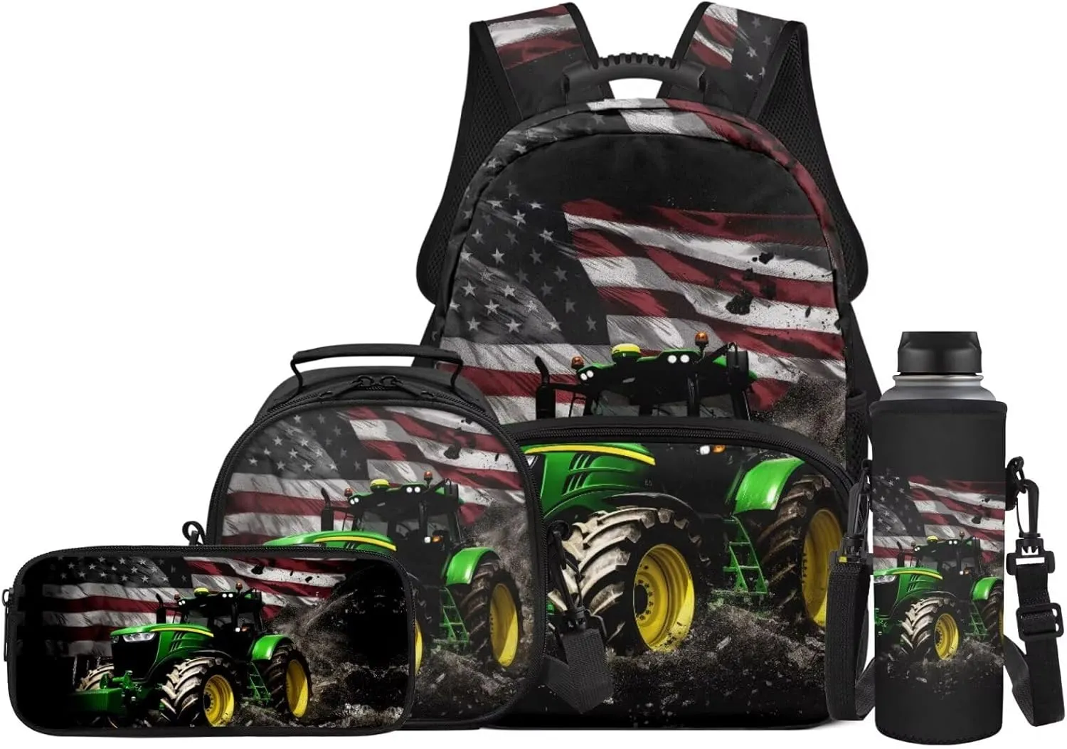 American Flag Tractor Backpack for Boys Girls School Bag with Lunch Bag Pencil Case Water Bottle Holder Elementary Cute Bookbag for Kids 4 Piece Back to School Supplies
