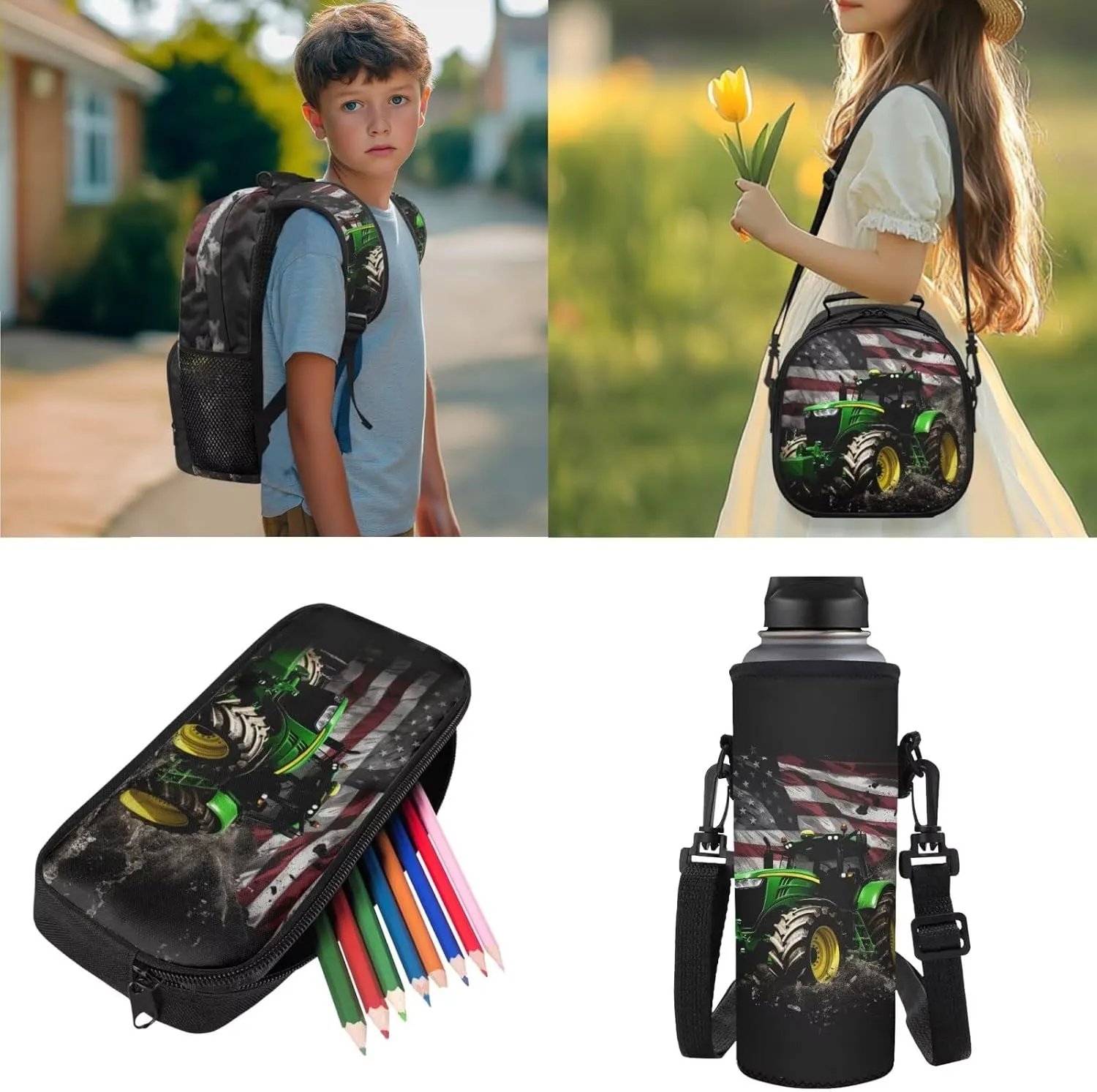American Flag Tractor Backpack for Boys Girls School Bag with Lunch Bag Pencil Case Water Bottle Holder Elementary Cute Bookbag for Kids 4 Piece Back to School Supplies