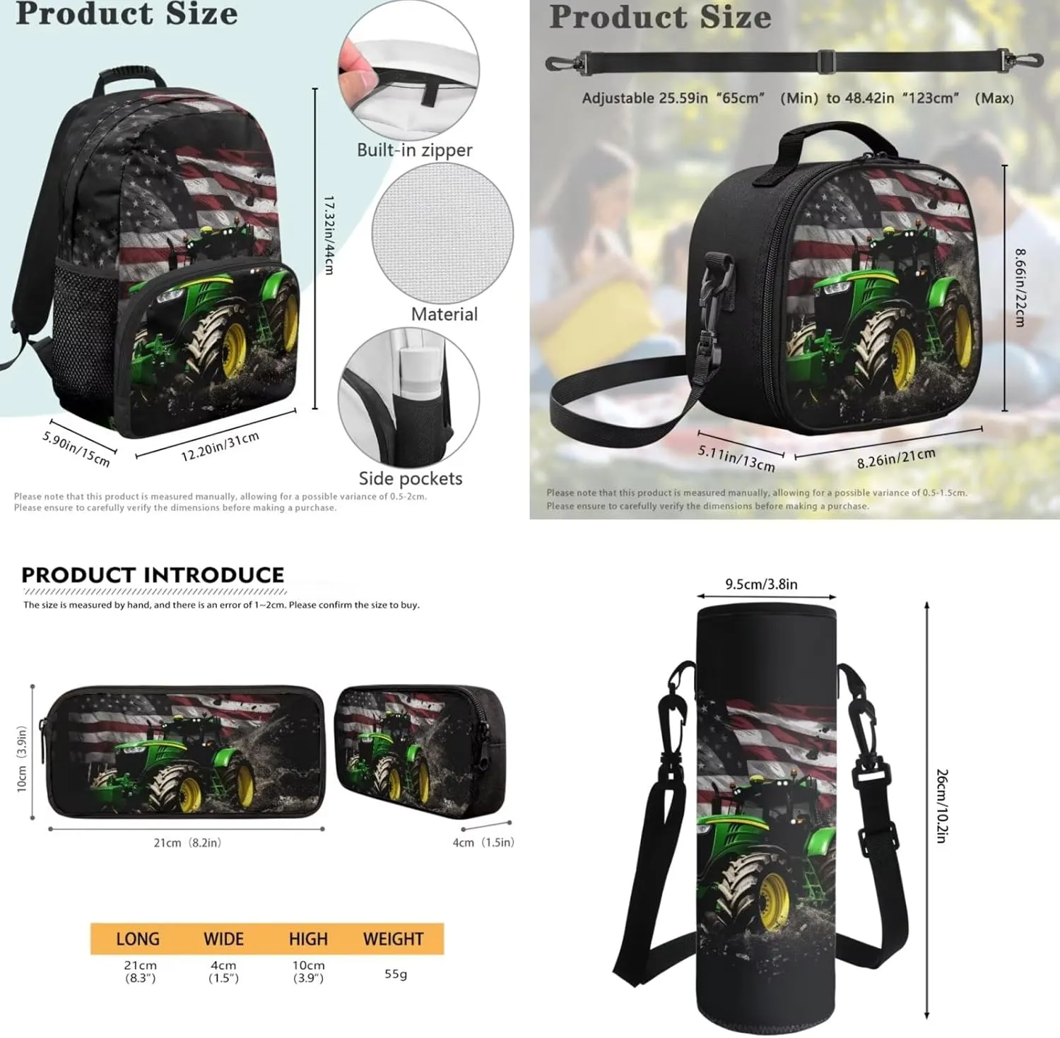 American Flag Tractor Backpack for Boys Girls School Bag with Lunch Bag Pencil Case Water Bottle Holder Elementary Cute Bookbag for Kids 4 Piece Back to School Supplies