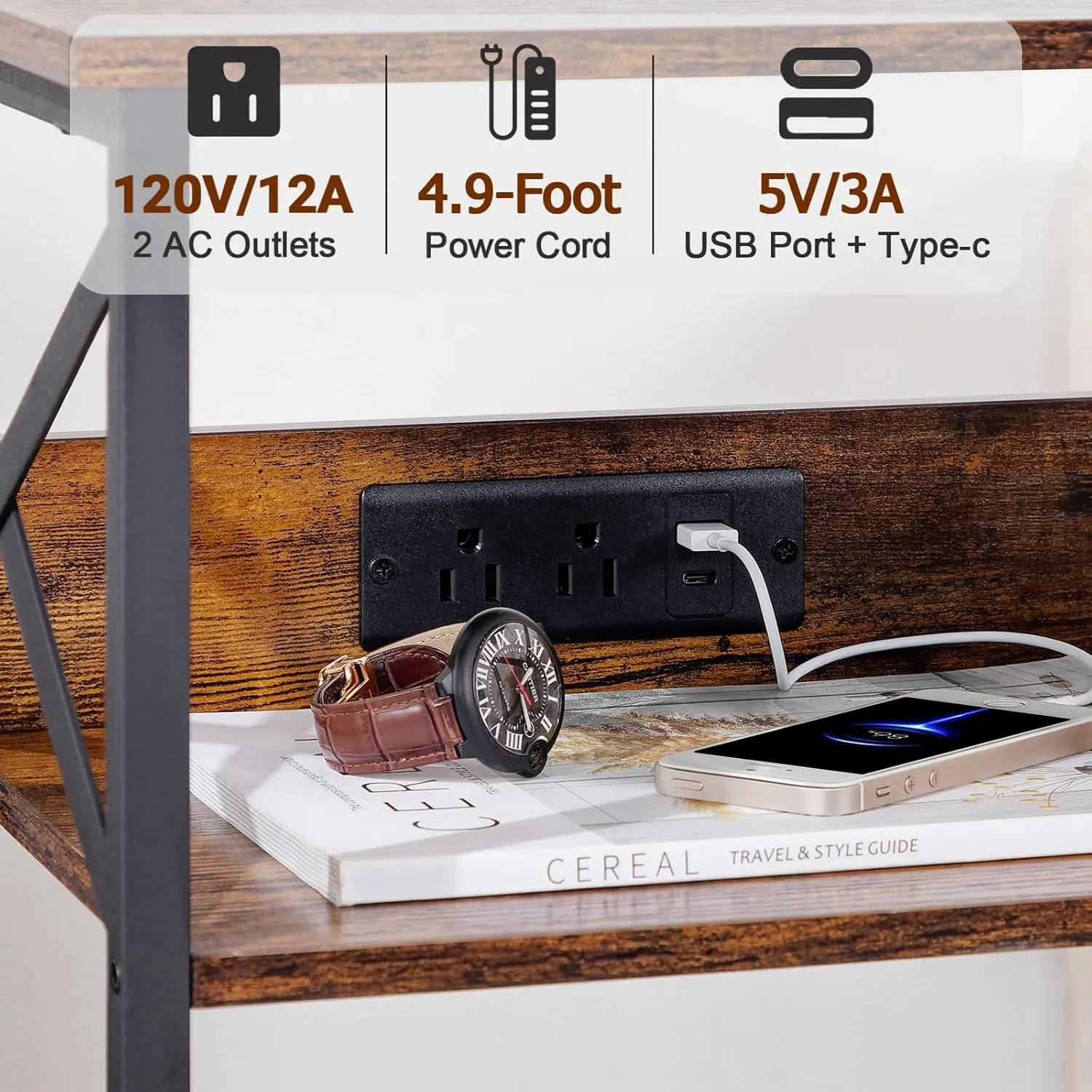 AMHANCIBLE Record Player Stand with Charging Station, Turntable Stand with Storage Cabinet, 3 Tier End Table Hold Up to 100 Albums, Record Table for Vinyl, Living Room, Rustic Brown, HETCD01BR-1