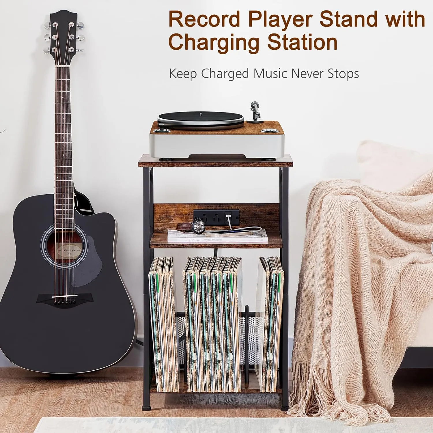 AMHANCIBLE Record Player Stand with Charging Station, Turntable Stand with Storage Cabinet, 3 Tier End Table Hold Up to 100 Albums, Record Table for Vinyl, Living Room, Rustic Brown, HETCD01BR-1