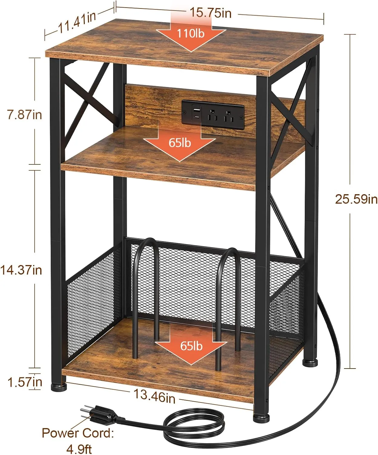 AMHANCIBLE Record Player Stand with Charging Station, Turntable Stand with Storage Cabinet, 3 Tier End Table Hold Up to 100 Albums, Record Table for Vinyl, Living Room, Rustic Brown, HETCD01BR-1