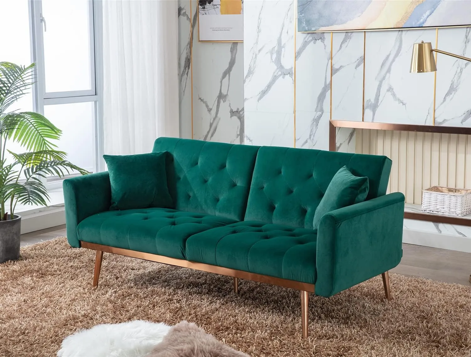 Antetek Velvet Futon Sofa Bed with 3 Adjustable Positions, Small Sleeper Sofa Loveseat with 2 Decorative Pillows, Modern Upholstered Convertible Couch with 5 Metal Tapered Legs (Green)