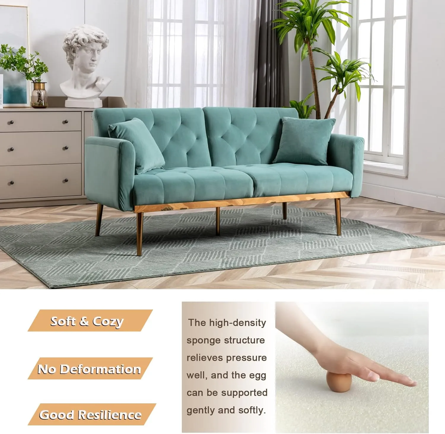 Antetek Velvet Futon Sofa Bed with 3 Adjustable Positions, Small Sleeper Sofa Loveseat with 2 Decorative Pillows, Modern Upholstered Convertible Couch with 5 Metal Tapered Legs (Mint Green)