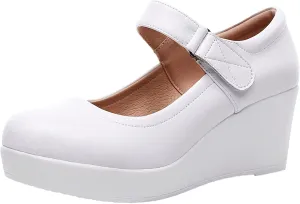 ANUFER Women's High Platform Wedge Heel Mary Jane Shoes Hook&Loop Ankle Strap Leather Pumps
