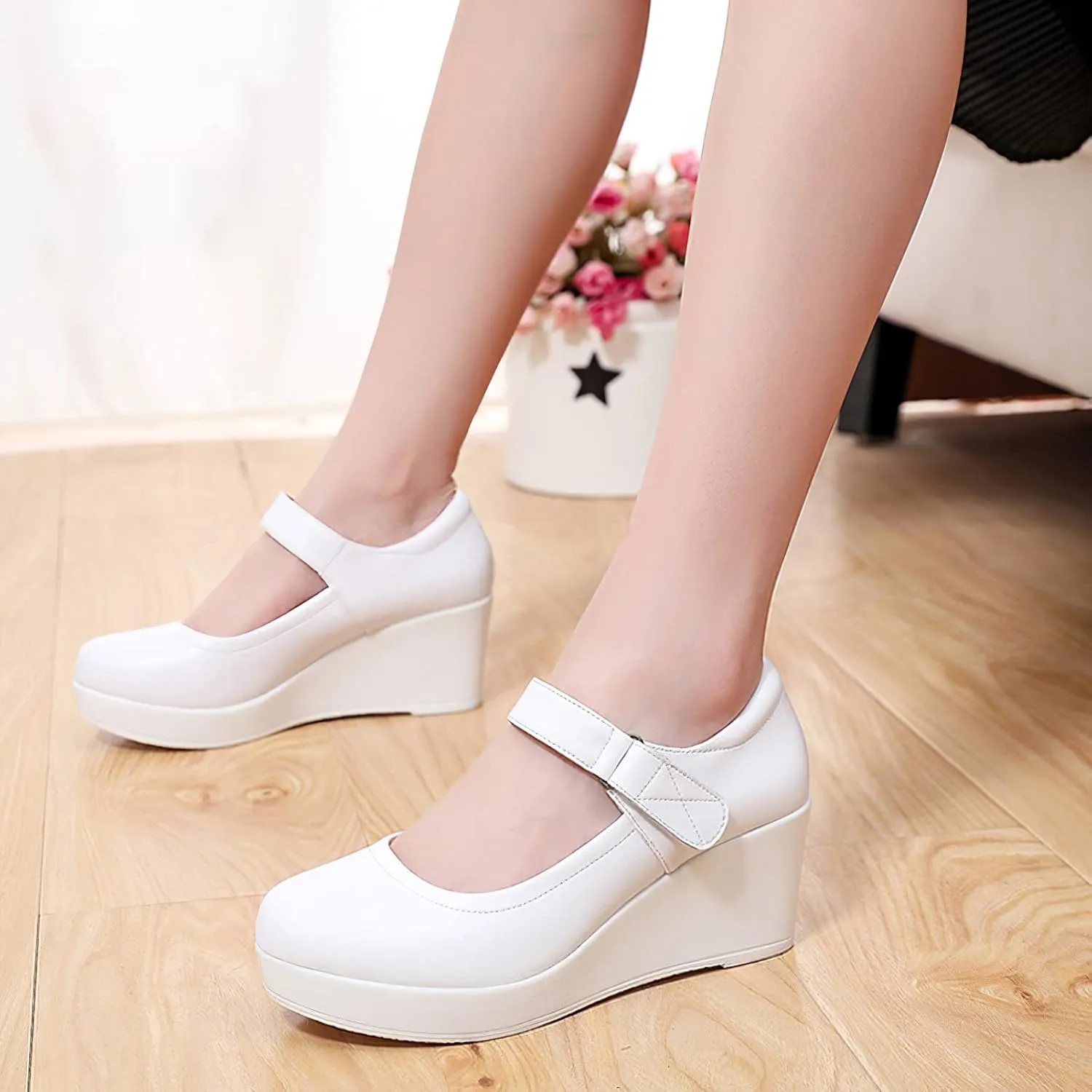 ANUFER Women's High Platform Wedge Heel Mary Jane Shoes Hook&Loop Ankle Strap Leather Pumps