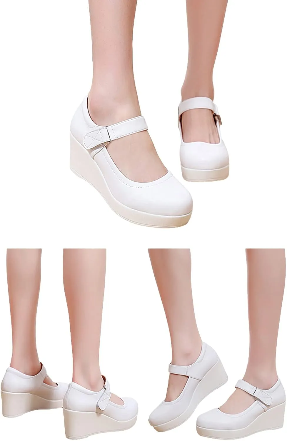 ANUFER Women's High Platform Wedge Heel Mary Jane Shoes Hook&Loop Ankle Strap Leather Pumps