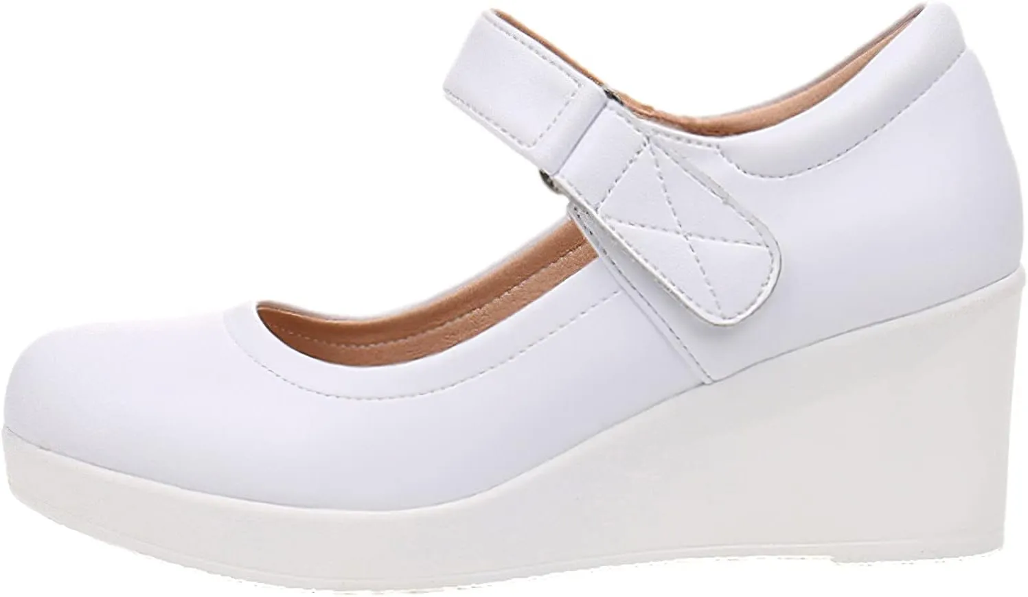 ANUFER Women's High Platform Wedge Heel Mary Jane Shoes Hook&Loop Ankle Strap Leather Pumps