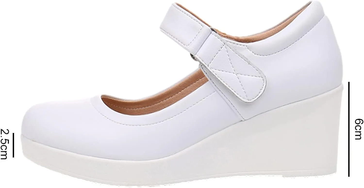 ANUFER Women's High Platform Wedge Heel Mary Jane Shoes Hook&Loop Ankle Strap Leather Pumps