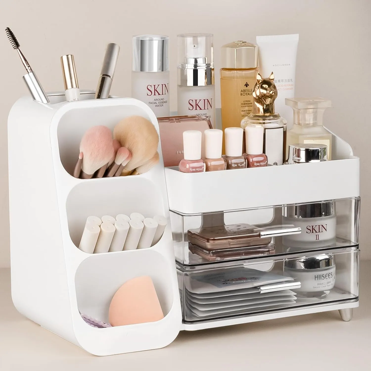 Anyoifax Makeup Organizer with Drawers Vanity Organizer Countertop with Brush Holder Large Perfume Organizer for Dresser Skin Care and Lotion Storage for Nail Polish, Lipsitck, Palettes, White