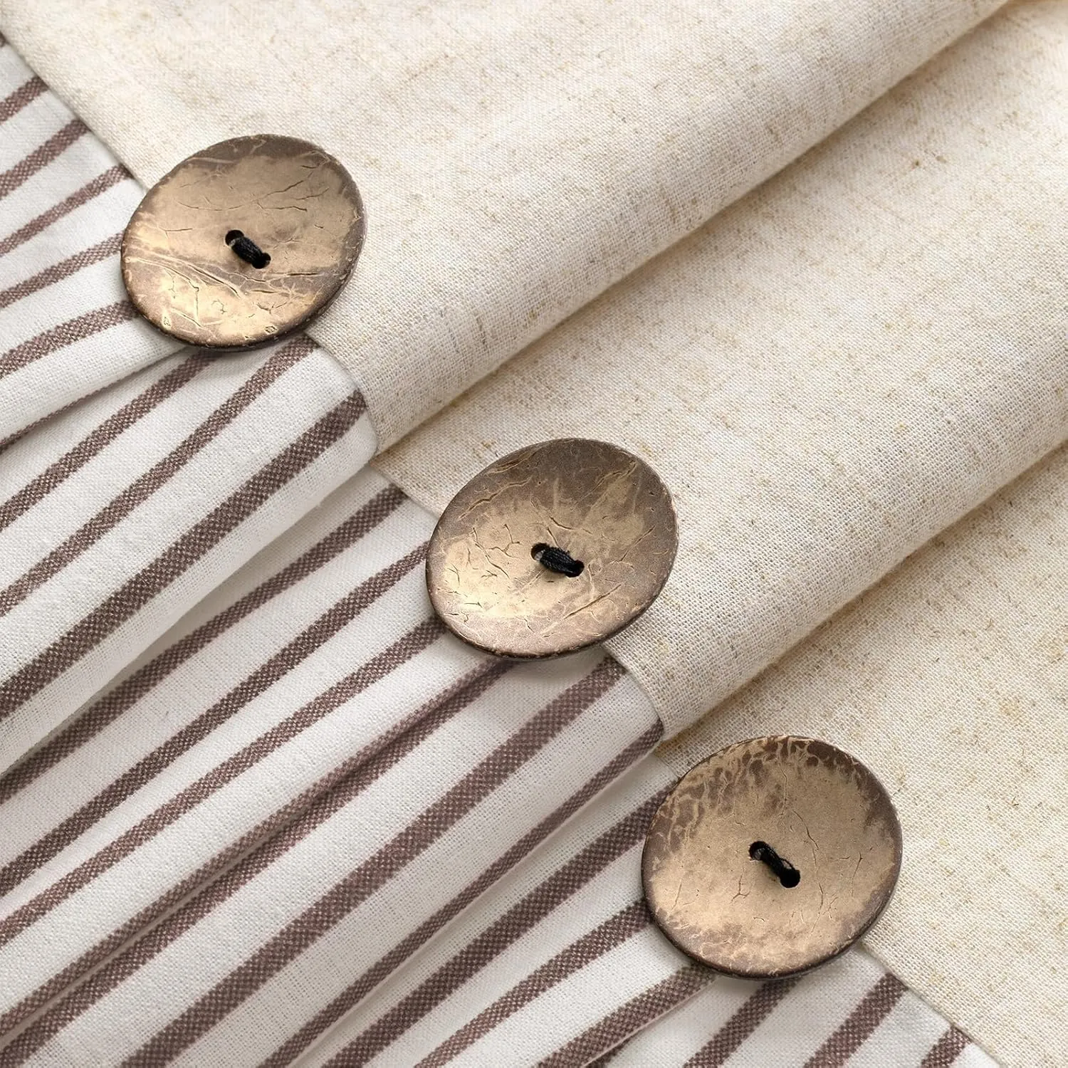 Awellife Linen Button Farmhouse Beige Shower Curtain,Linen and Cotton Woven Fabric,Pleated Brown Stripe,Country Style,72x72 Inch