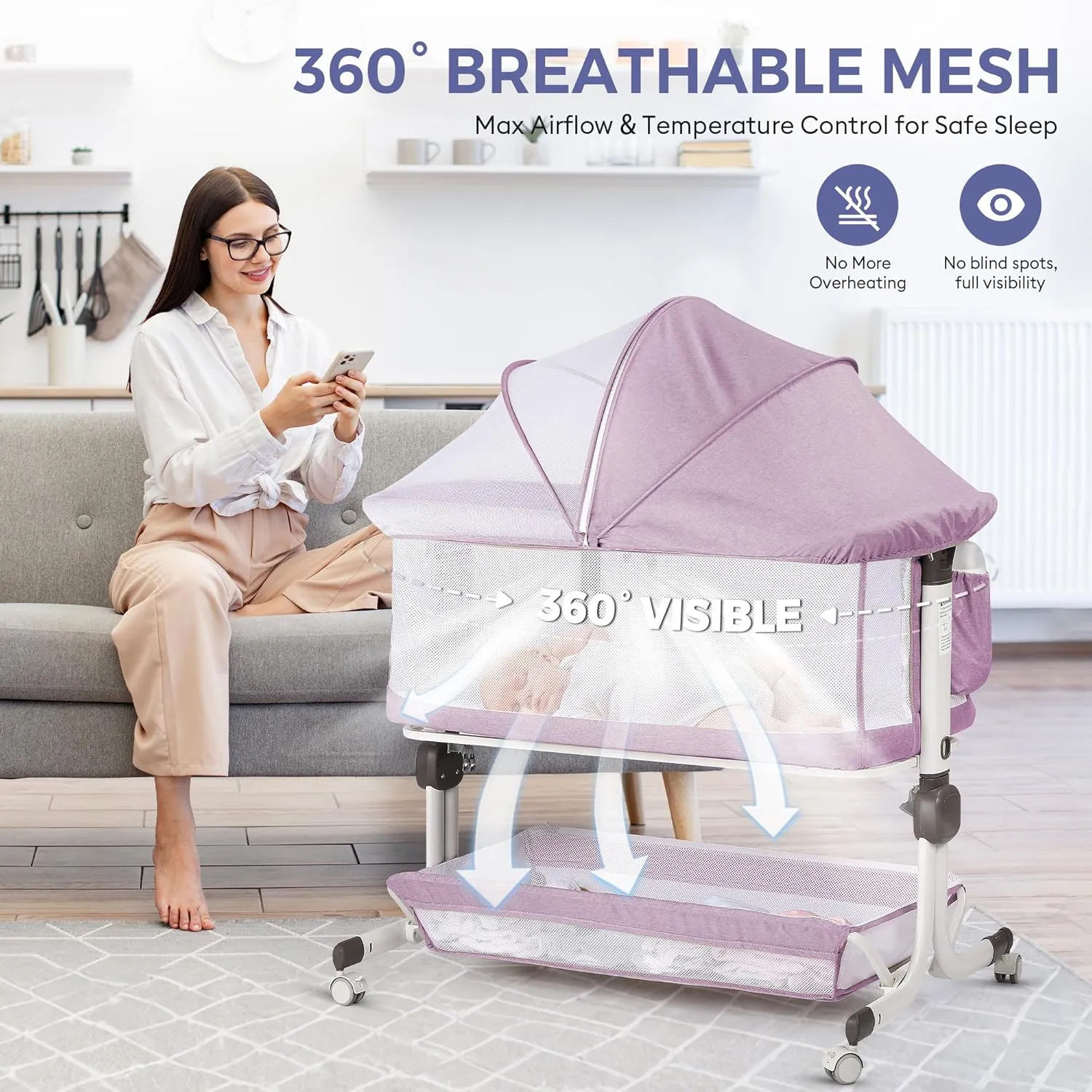 Baby Bassinet Bedside Sleeper, Upgraded Stability Bedside Crib with Full Mesh Sides, Soft Sheet, 6-Height Adjustment, Storage Basket, Easy Folding Portable Bassinet for Newborns,Pinkish Purple