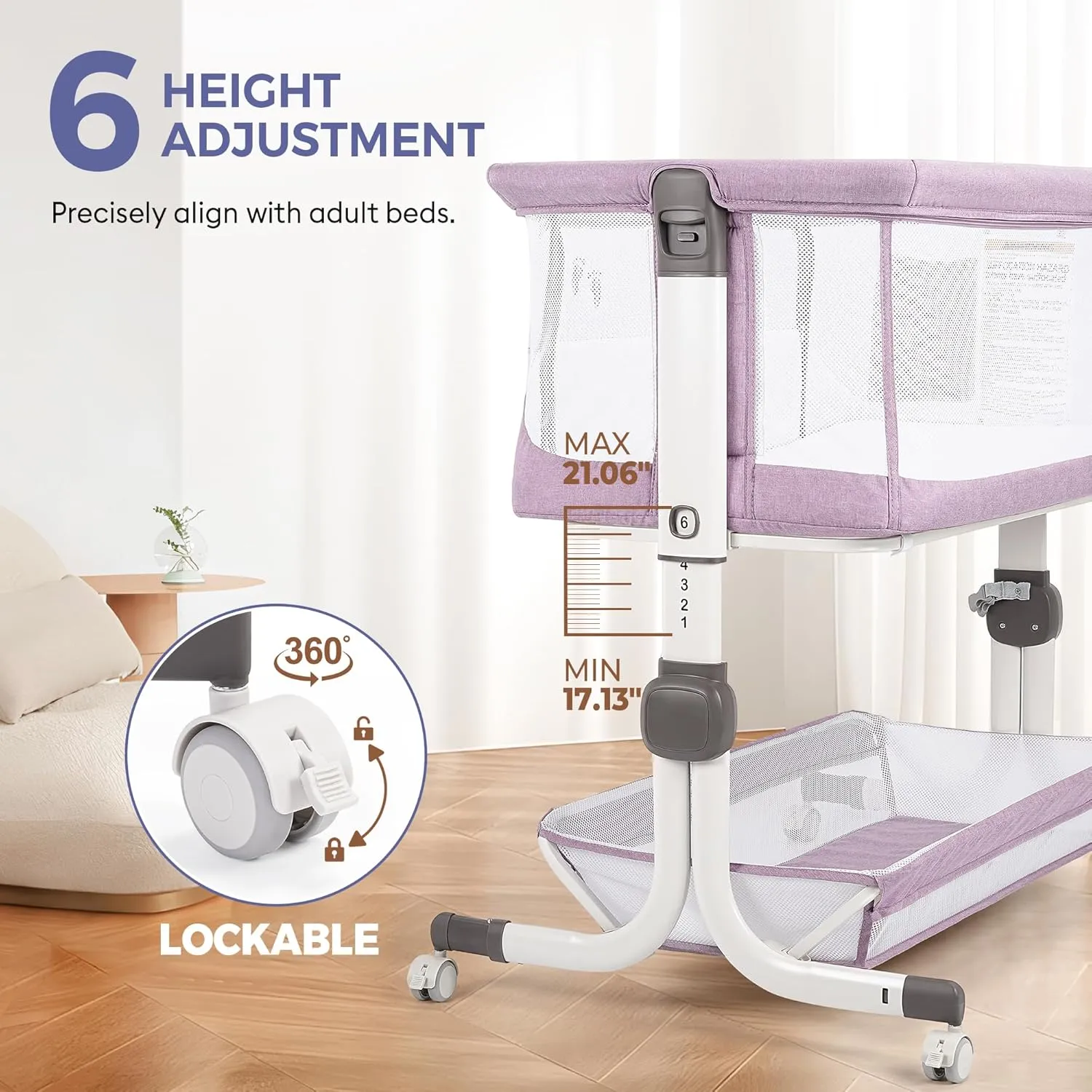 Baby Bassinet Bedside Sleeper, Upgraded Stability Bedside Crib with Full Mesh Sides, Soft Sheet, 6-Height Adjustment, Storage Basket, Easy Folding Portable Bassinet for Newborns,Pinkish Purple