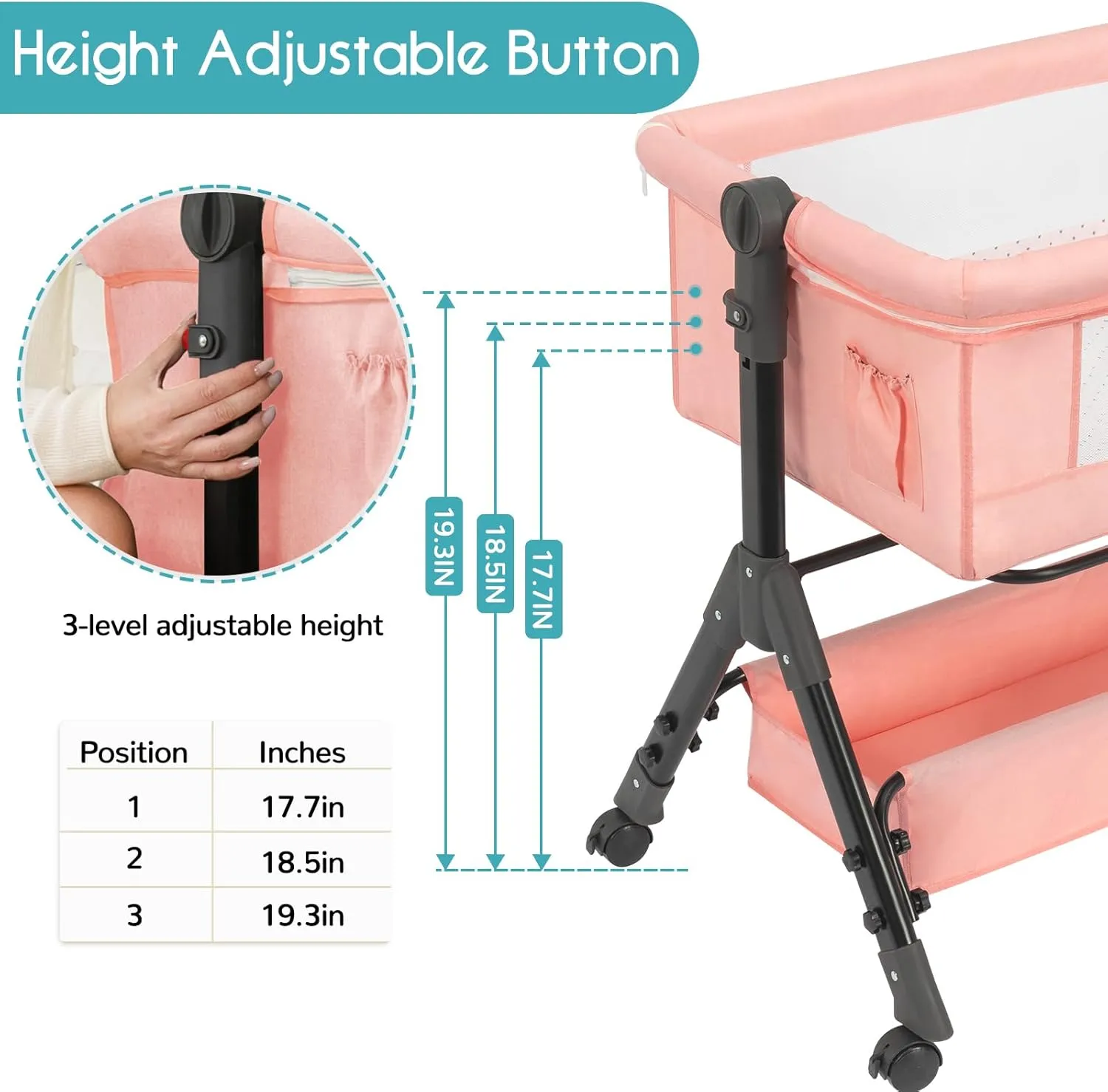 Baby Bassinet Sleeper, Adjustable Baby Crib, Rocking Bassinets Bedside Sleeper, Easy to Fold Portable Crib Side Bassinet with Breathable Mesh and Wheels (Pink)