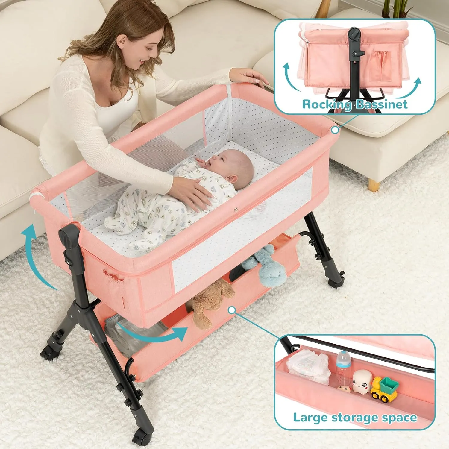 Baby Bassinet Sleeper, Adjustable Baby Crib, Rocking Bassinets Bedside Sleeper, Easy to Fold Portable Crib Side Bassinet with Breathable Mesh and Wheels (Pink)