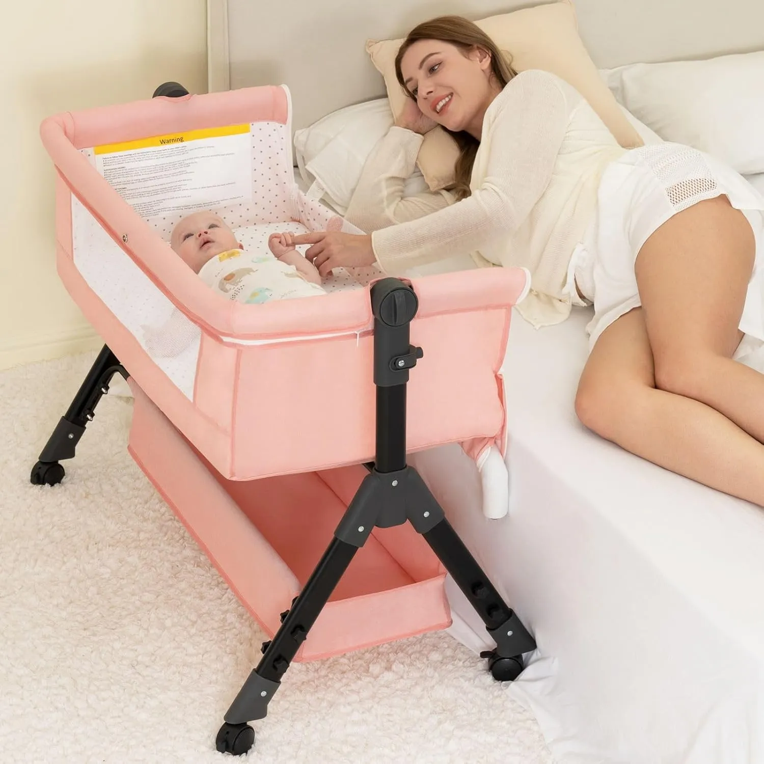 Baby Bassinet Sleeper, Adjustable Baby Crib, Rocking Bassinets Bedside Sleeper, Easy to Fold Portable Crib Side Bassinet with Breathable Mesh and Wheels (Pink)