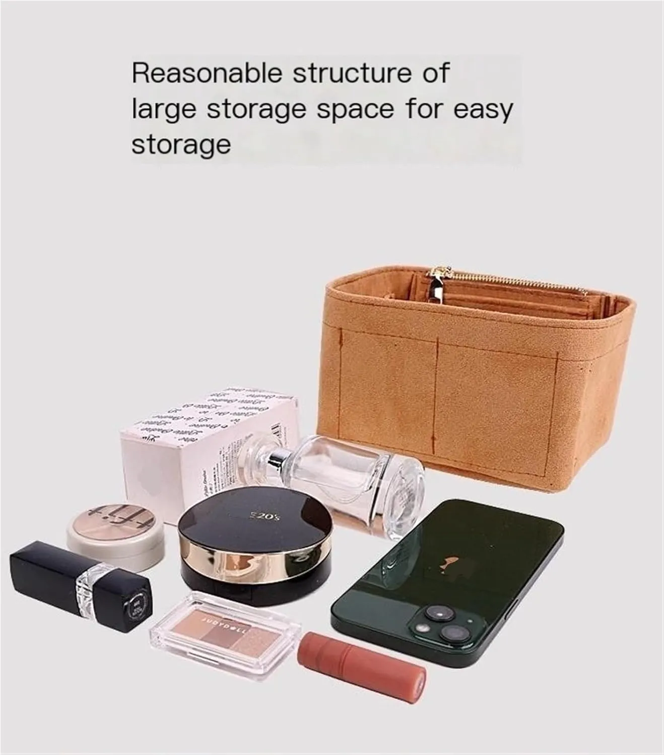 Bag Organizer Lined Storage Bag Bag Organizer Insert Portable Cosmetic Bag for Loewe(Khaki B,S)