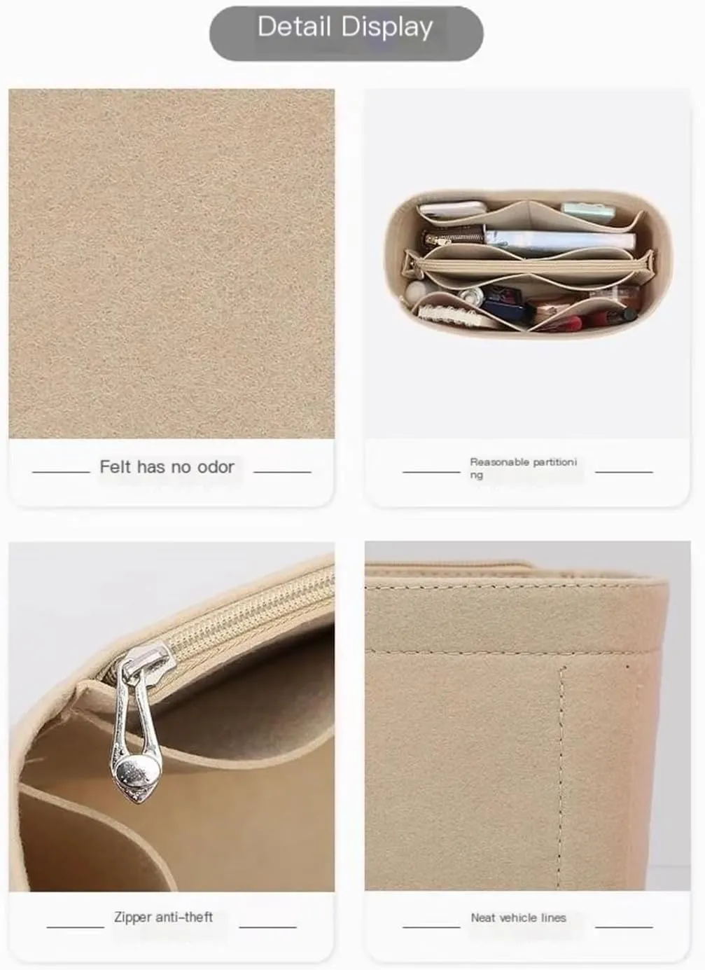 Bag Organizer Lined Storage Bag Bag Organizer Insert Portable Cosmetic Bag for Loewe(Khaki B,S)