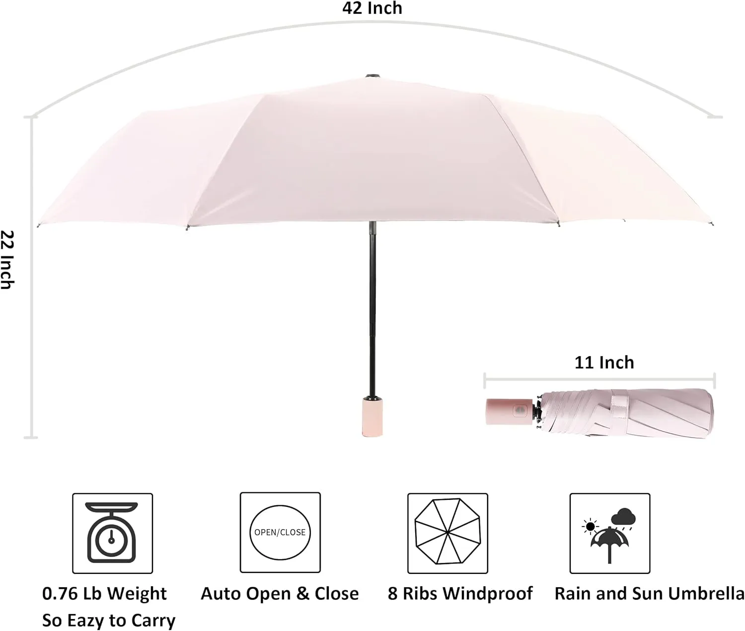 BAODINI Small UV Protection Travel Umbrella Compact for Rain and Sun UPF 50  Windproof Portable 42 inch Umbrella for Women and Men