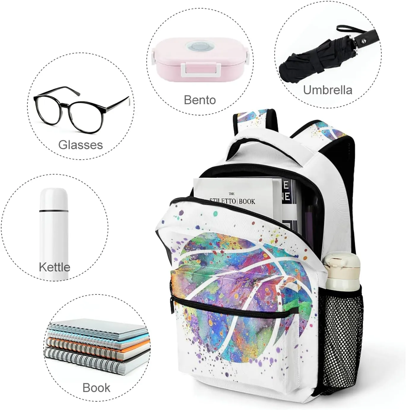 Basketball Watercolor Art Backpack Personalized Name Waterproof Travel Bag for Boys Girls Gift