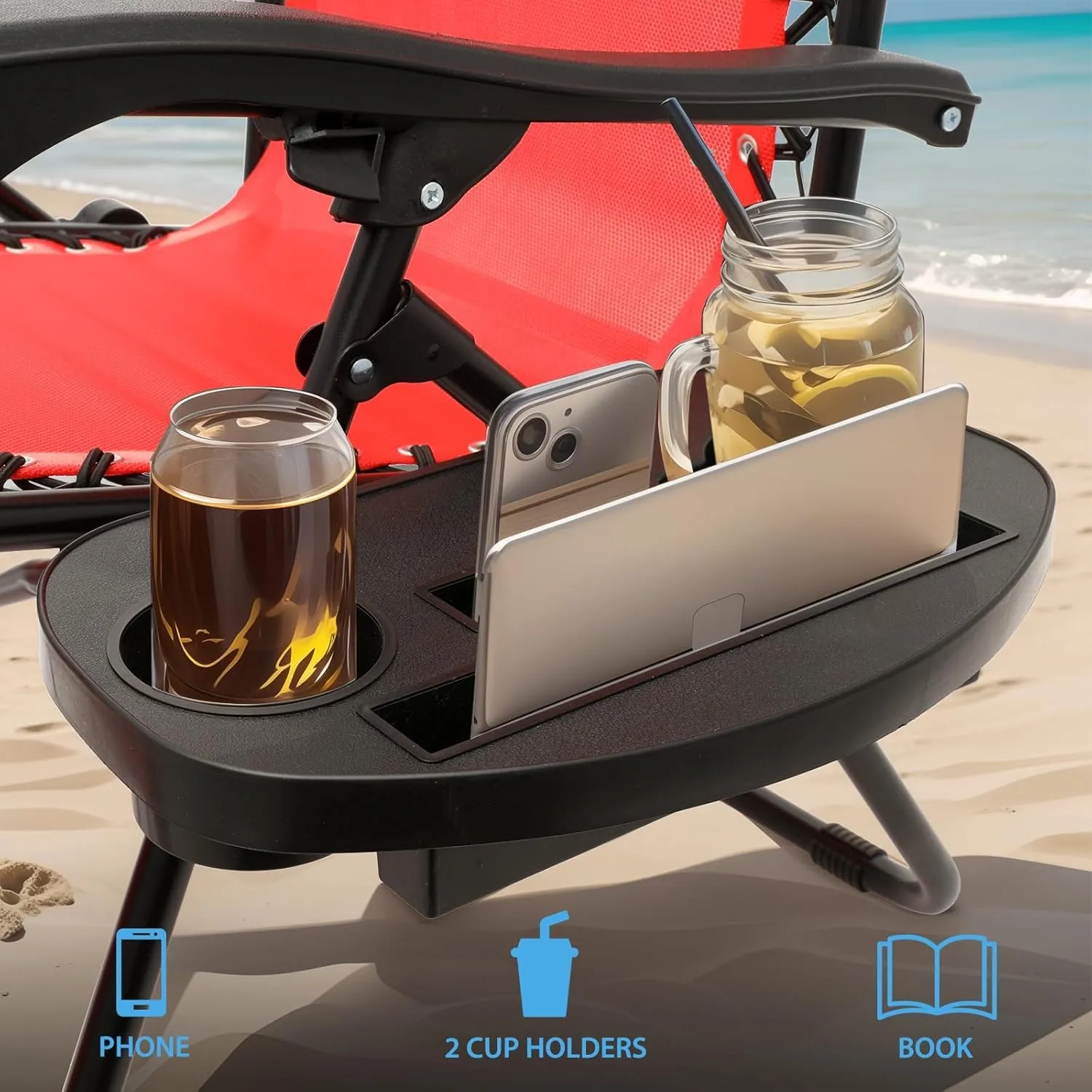 Beach Chairs Zero Gravity Chair with Cup Holder - Portable Beach Recliner, Adjustable Locking System, CAAP-BCC-C1P-RD