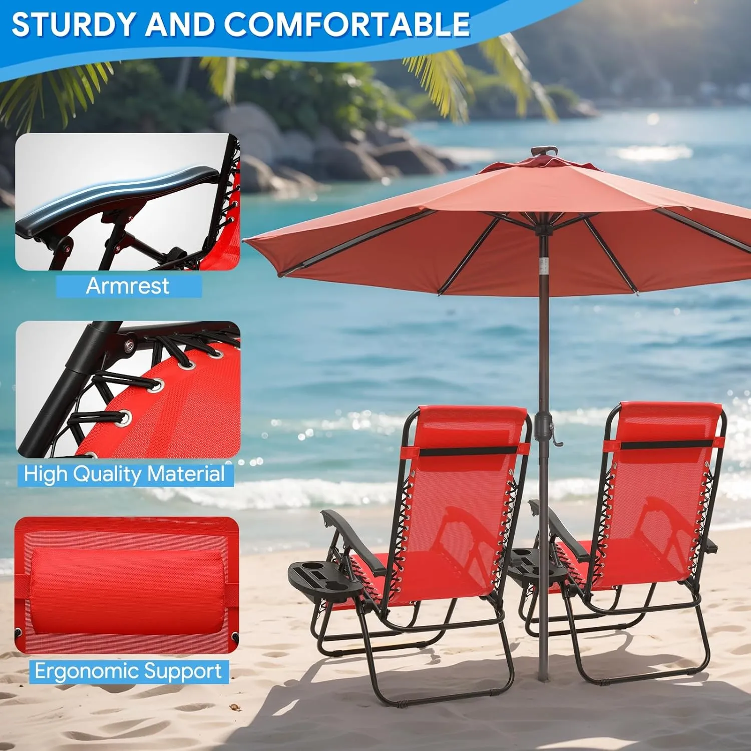 Beach Chairs Zero Gravity Chair with Cup Holder - Portable Beach Recliner, Adjustable Locking System, CAAP-BCC-C1P-RD