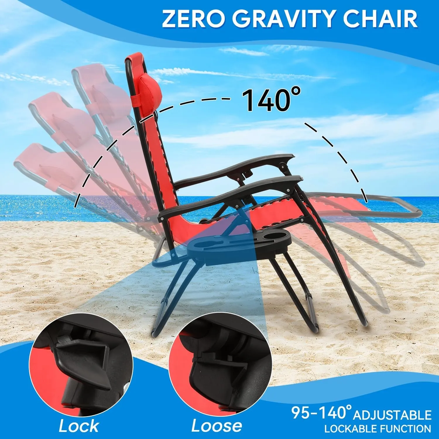 Beach Chairs Zero Gravity Chair with Cup Holder - Portable Beach Recliner, Adjustable Locking System, CAAP-BCC-C1P-RD