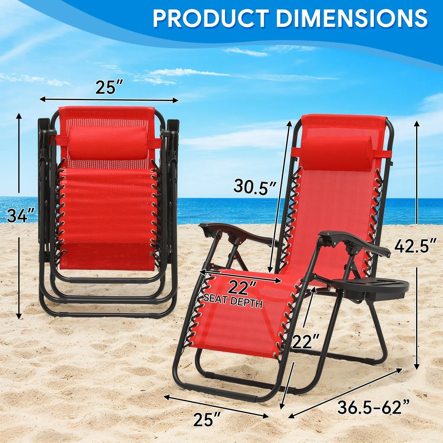 Beach Chairs Zero Gravity Chair with Cup Holder - Portable Beach Recliner, Adjustable Locking System, CAAP-BCC-C1P-RD