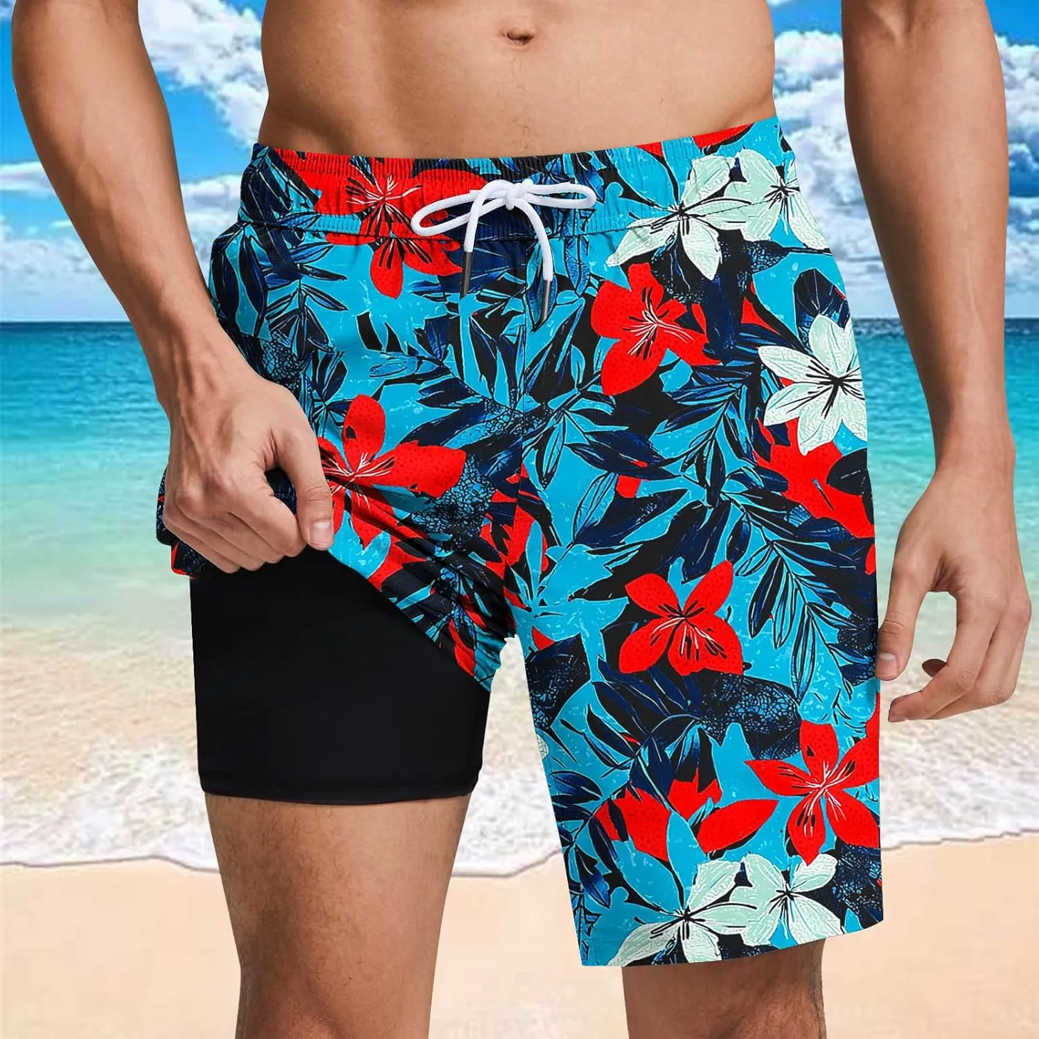 Beach Shorts for Men 2 in 1 Athletic Casual Drawstring Shorts Loose Elastic Waist Vacation Floral Print Pants