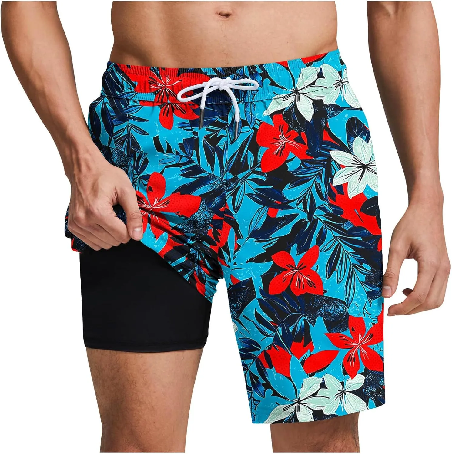 Beach Shorts for Men 2 in 1 Athletic Casual Drawstring Shorts Loose Elastic Waist Vacation Floral Print Pants
