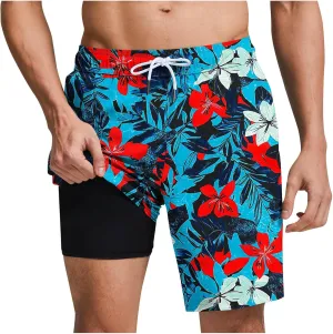 Beach Shorts for Men 2 in 1 Athletic Casual Drawstring Shorts Loose Elastic Waist Vacation Floral Print Pants