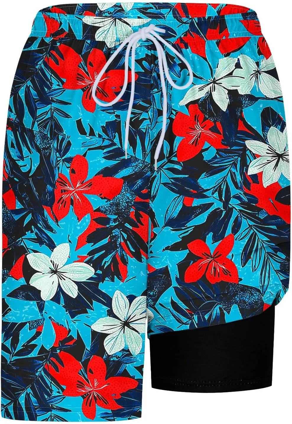 Beach Shorts for Men 2 in 1 Athletic Casual Drawstring Shorts Loose Elastic Waist Vacation Floral Print Pants